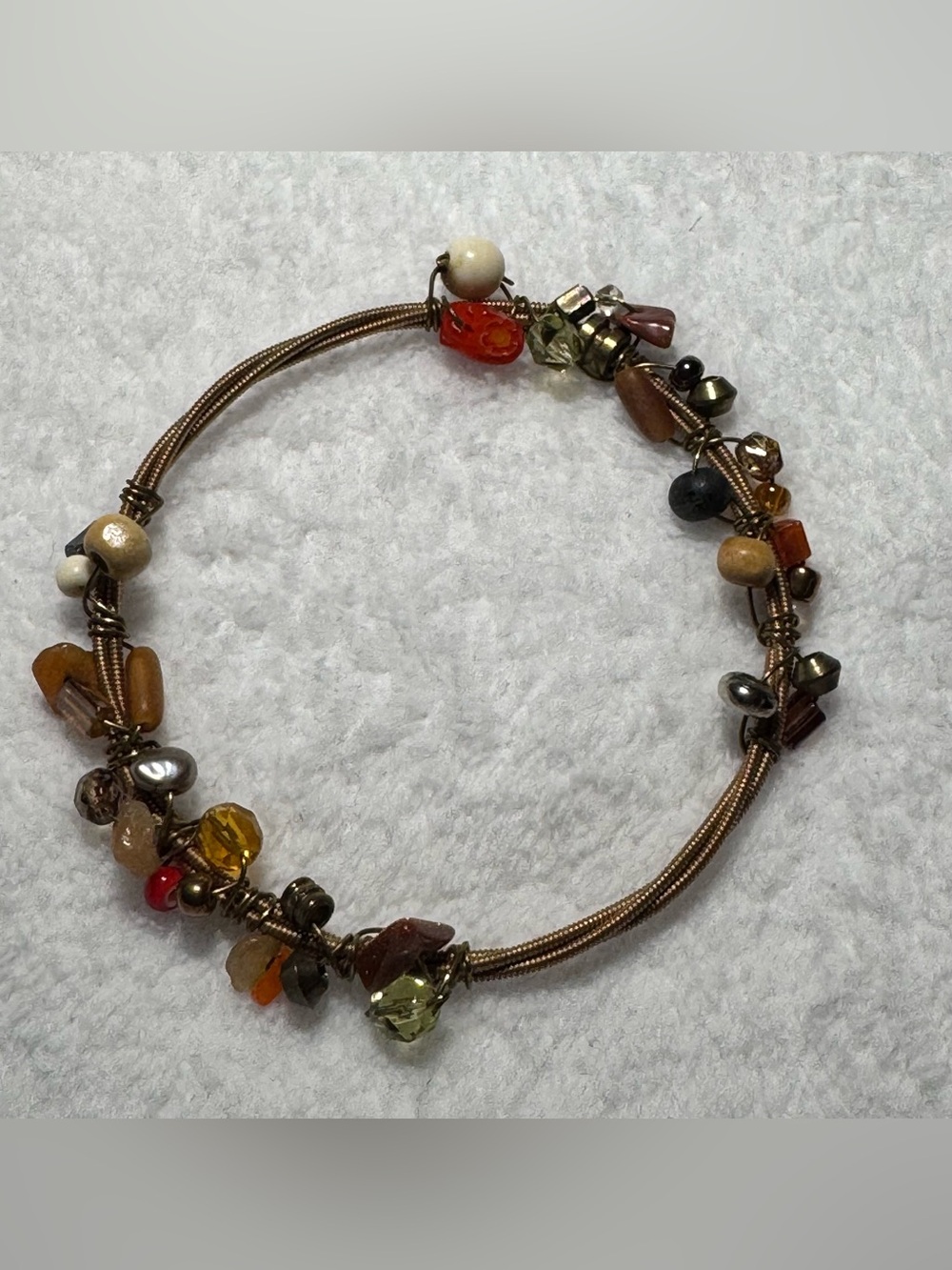 Artisan Gold-tone Brass Wire Wrap Beaded Bangle Bracelet Goldstone Glass Jasper